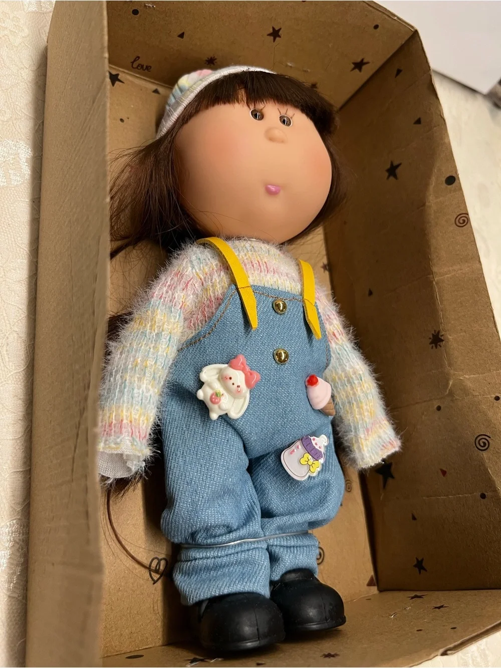 New, Mia Potato Doll in Pastel Striped Hat and Blue Overalls